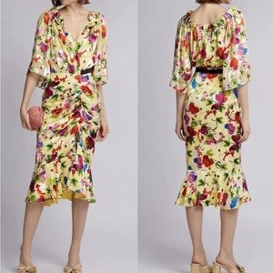 NWT Saloni Olivia Floral Print Silk Midi Bodycon Fit Dress Lemon Poppy